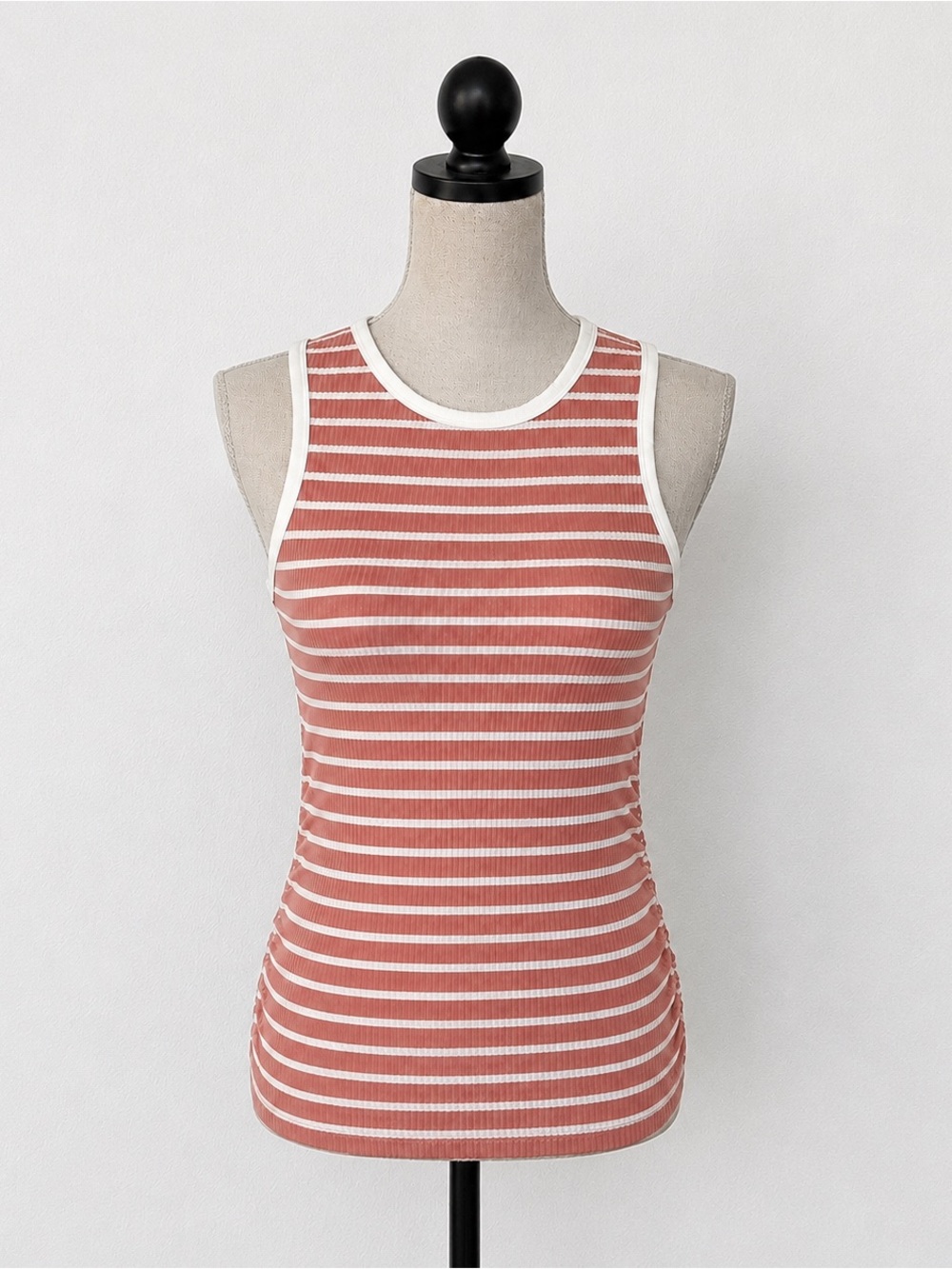 Dusty Rose & White Striped Ribbed Ruched Tank Top - Large